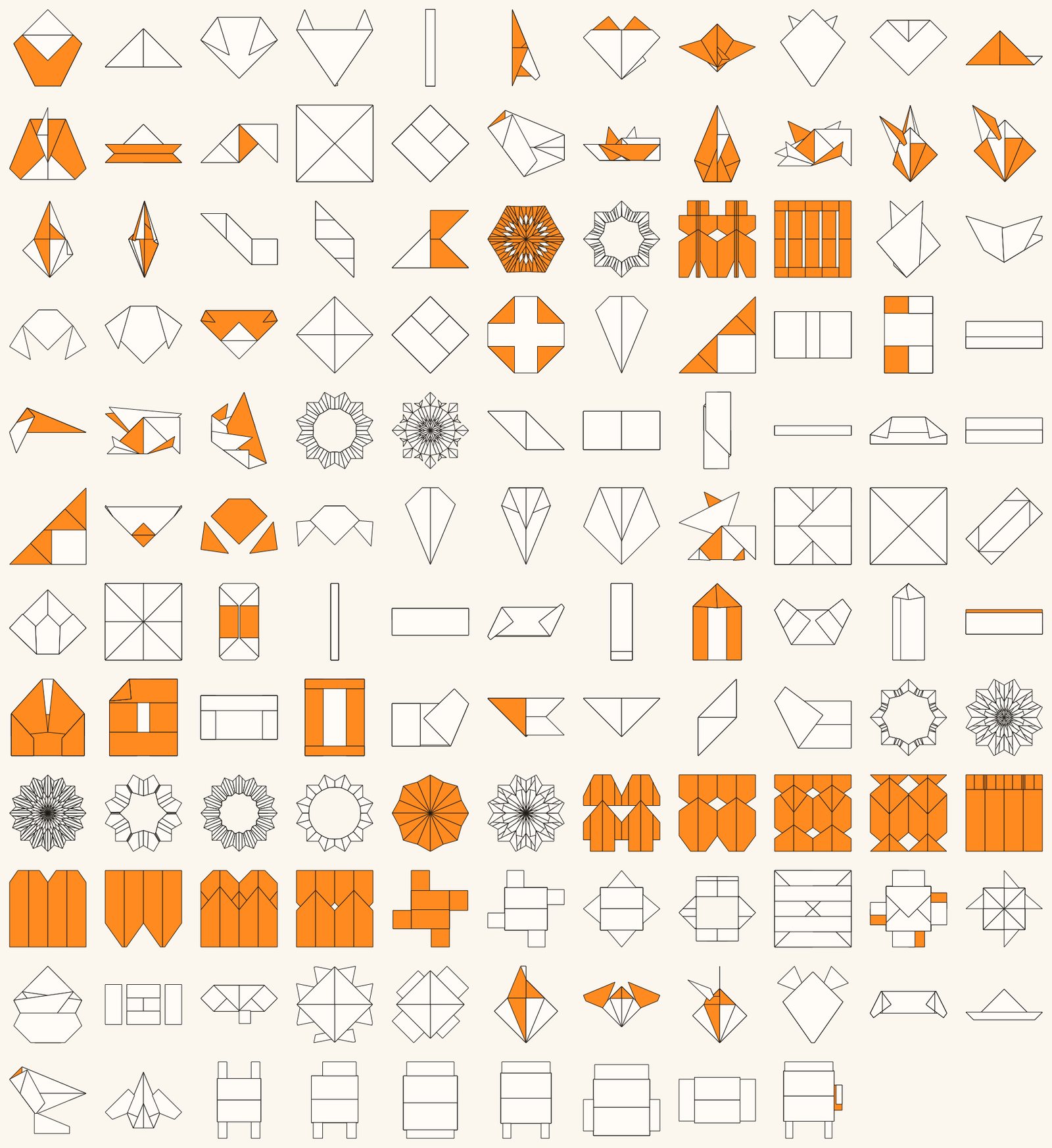 A grid of all 148 finished models, from cranes and boxes to snowflakes and paper furniture