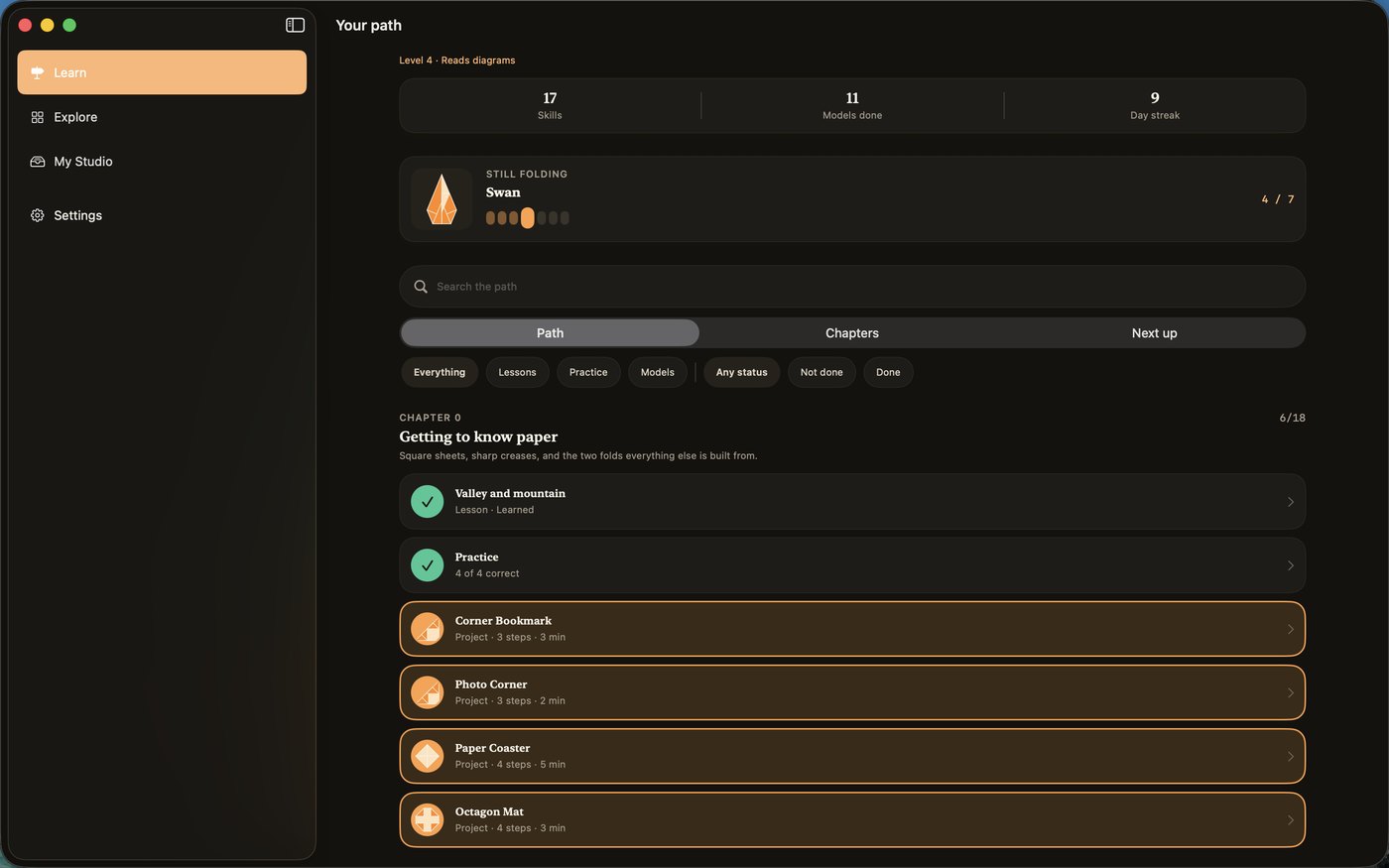 Origami Learn on a Mac, the player in one window and the glossary in another