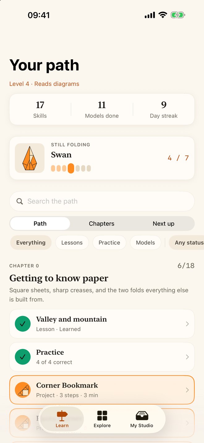 The learning path with chapters, lessons and progress