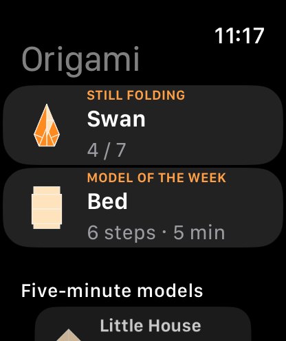 Apple Watch home screen with the model you were folding, the model of the week and five-minute models