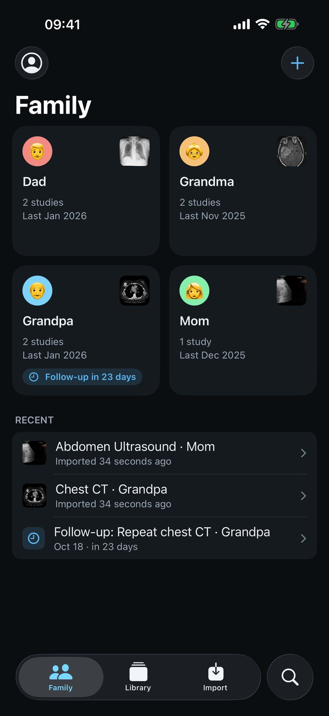 Raykin’s family home screen, with each person’s scans and upcoming follow-ups