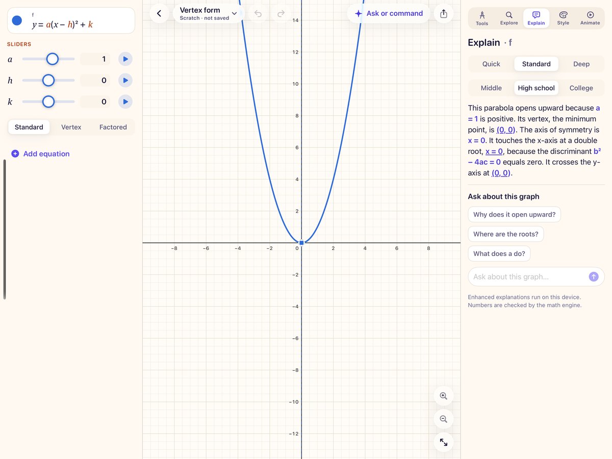 VizMath on iPad: a parabola with sliders on the left and an explanation of its vertex and roots on the right
