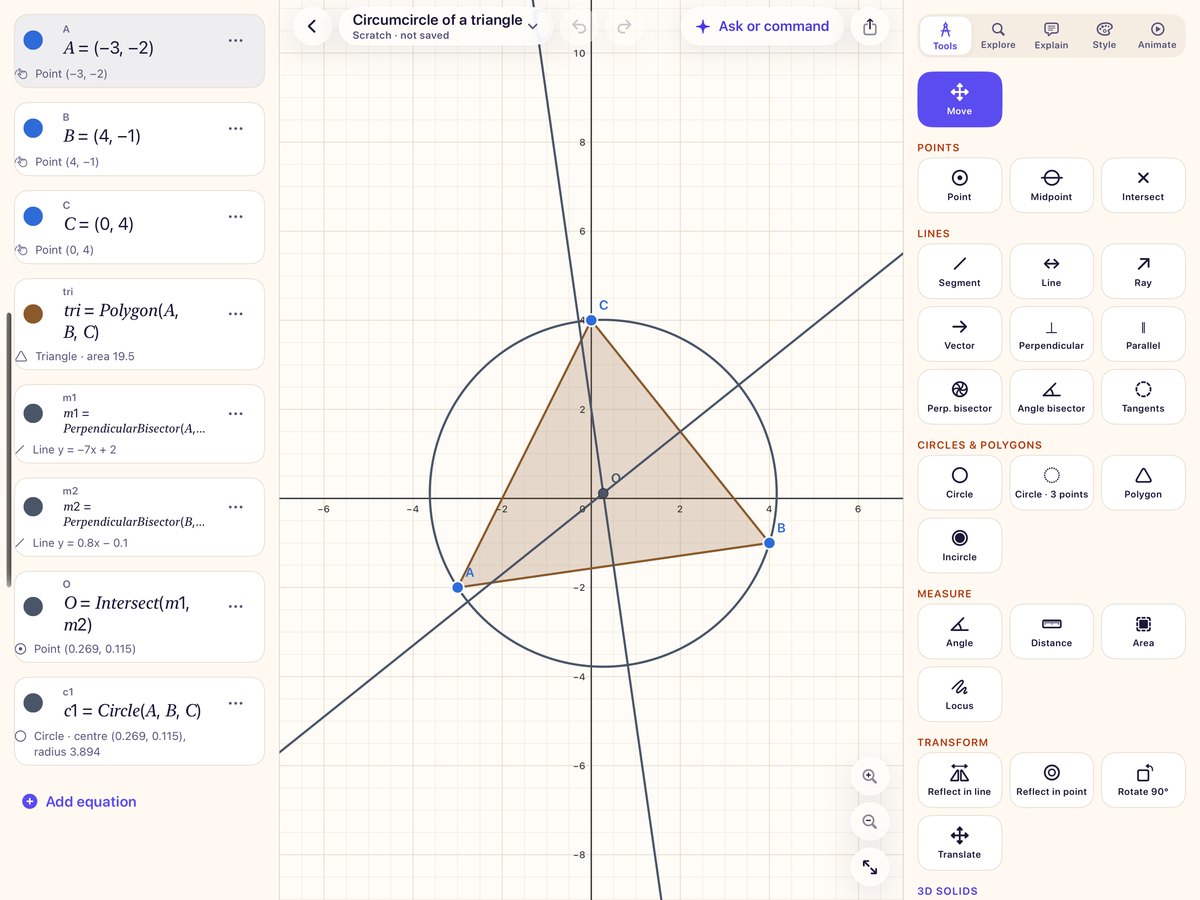 A triangle with its circumcircle, built from perpendicular bisectors, with the construction tools open