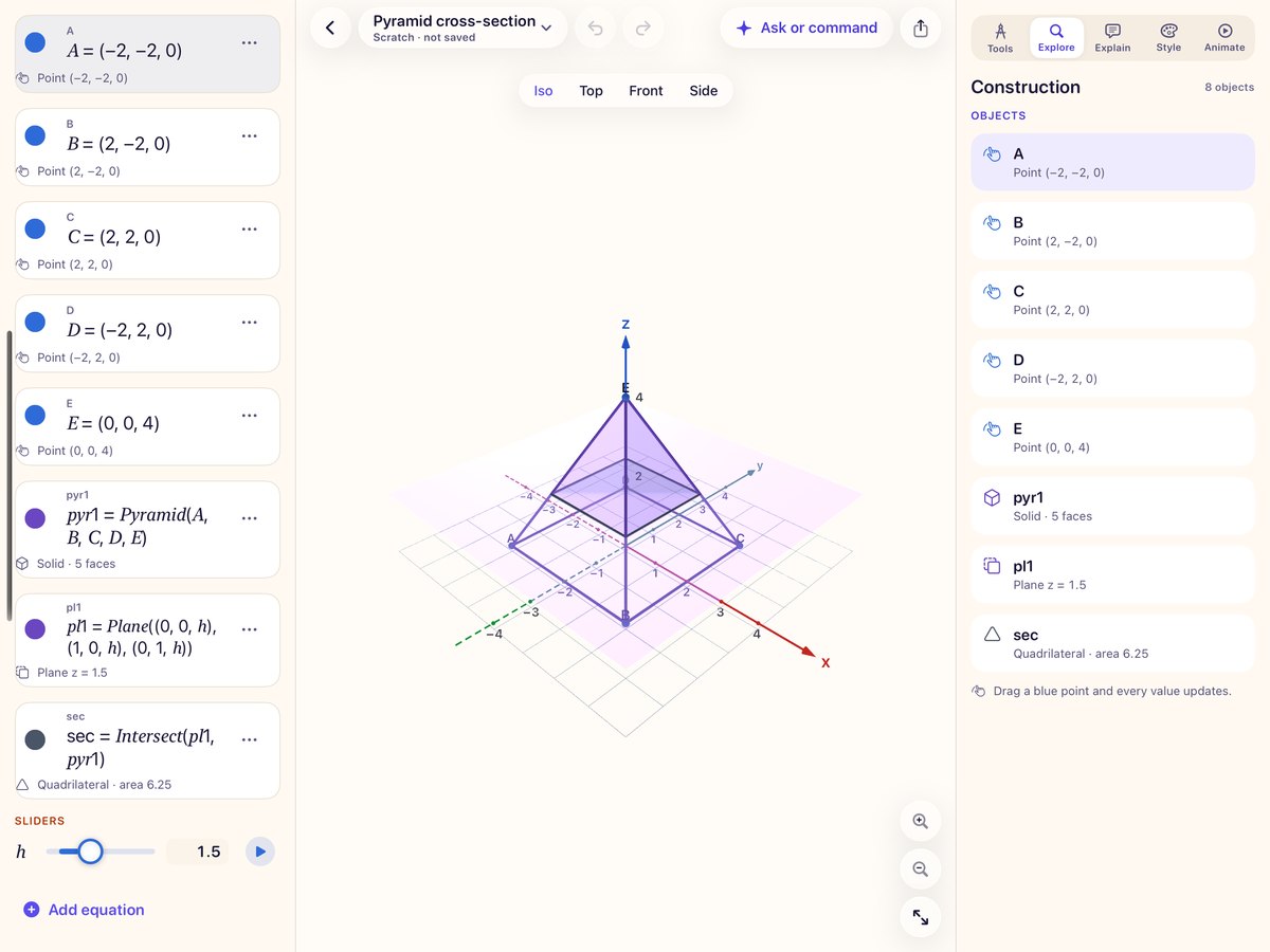 VizMath on iPad: a pyramid cut by a plane, with the construction list beside it