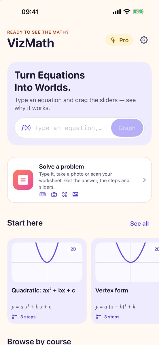 Home screen with an equation field, starter lessons and courses