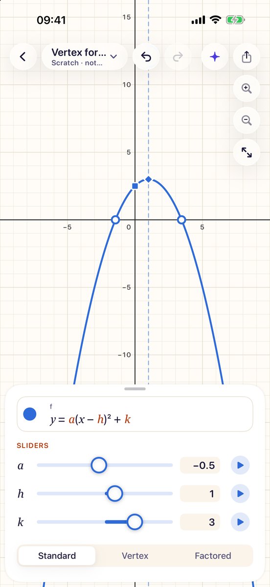 VizMath on iPhone: the parabola y = a(x − h)² + k with sliders for a, h and k