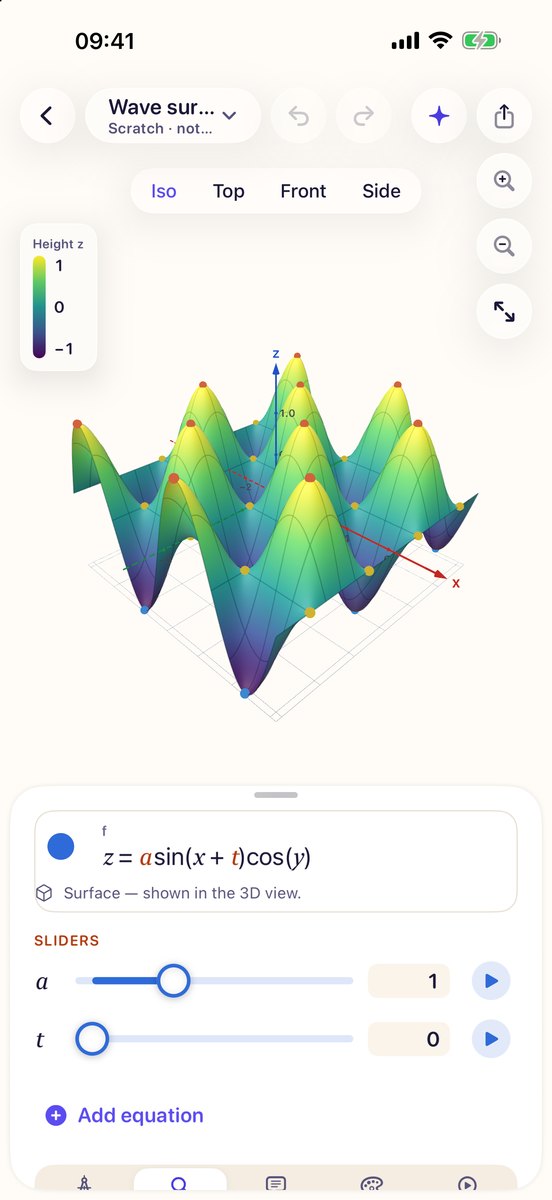 A 3D wave surface with a height color scale