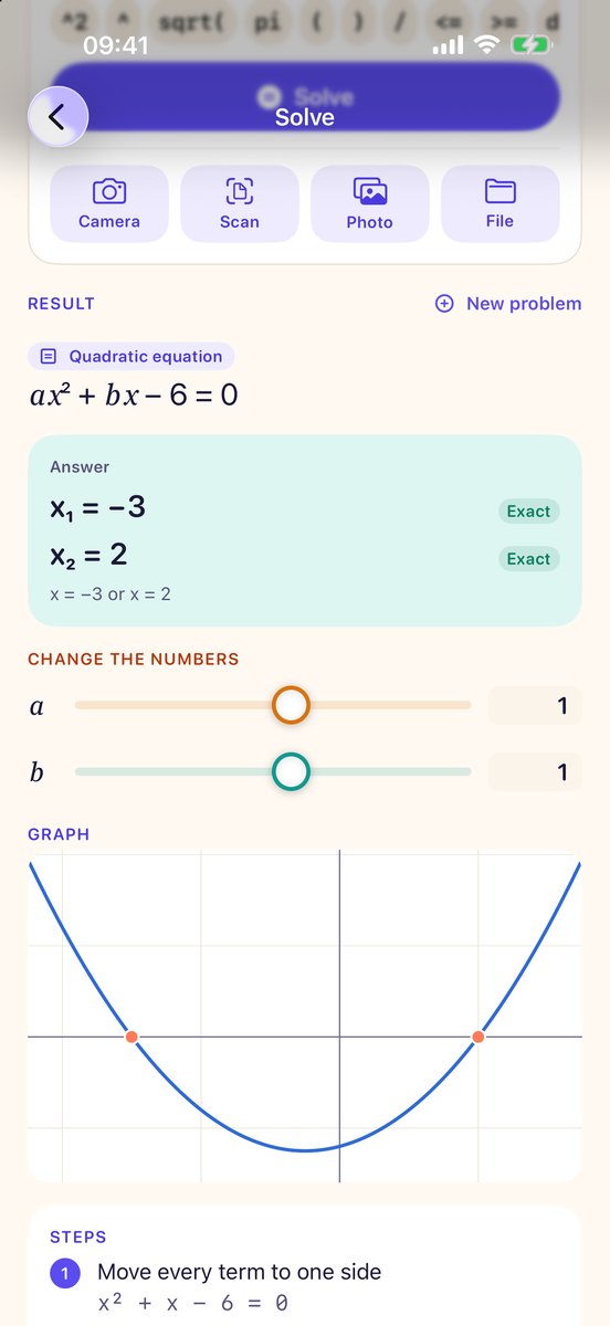 Solve: a x² + b x − 6 = 0 with sliders for a and b, the roots, the graph and the steps