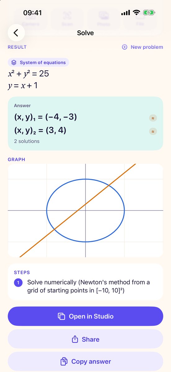 A system of a circle and a line solved, with both intersection points and the graph