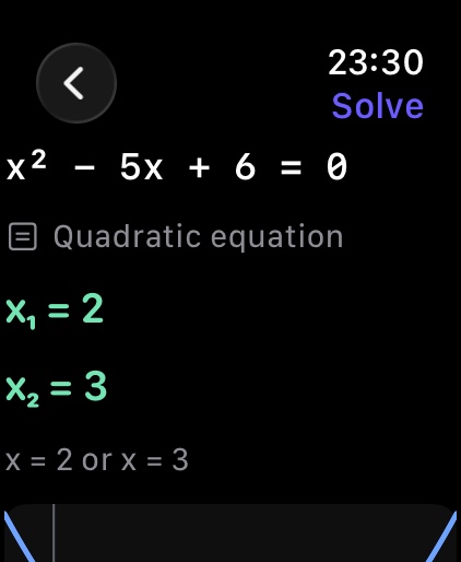 VizMath on Apple Watch: x² − 5x + 6 = 0 solved, x = 2 or x = 3