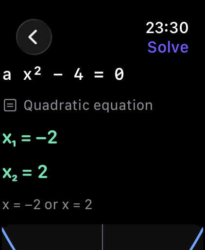 VizMath on Apple Watch: a x² − 4 = 0 with the parameter a on the Digital Crown